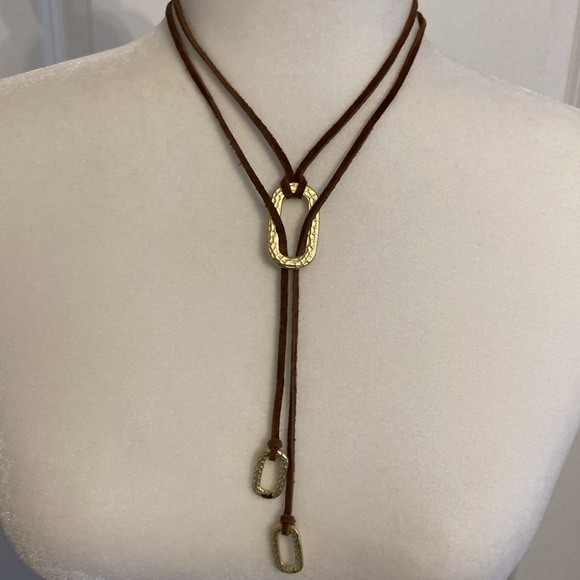 Brown Leather and Gold Metal Lariat Style Necklace. Very Boho Chic! - Picture 6 of 6